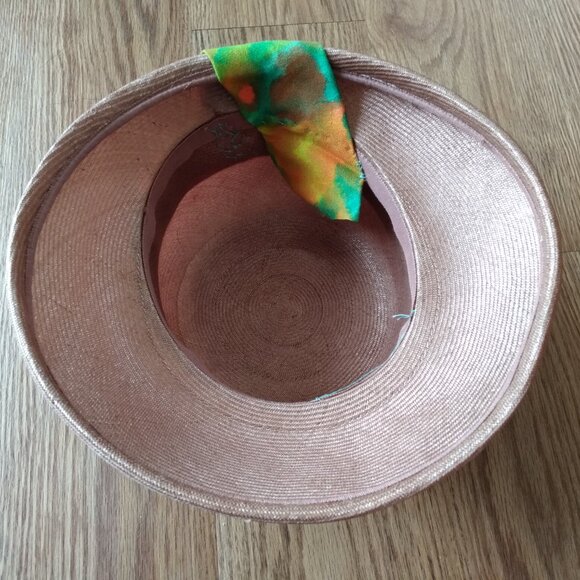 Vintage Taupe Straw Hat Tropical Orange Green Sash Sunhat Front Brim Rockabilly - Picture 8 of 12